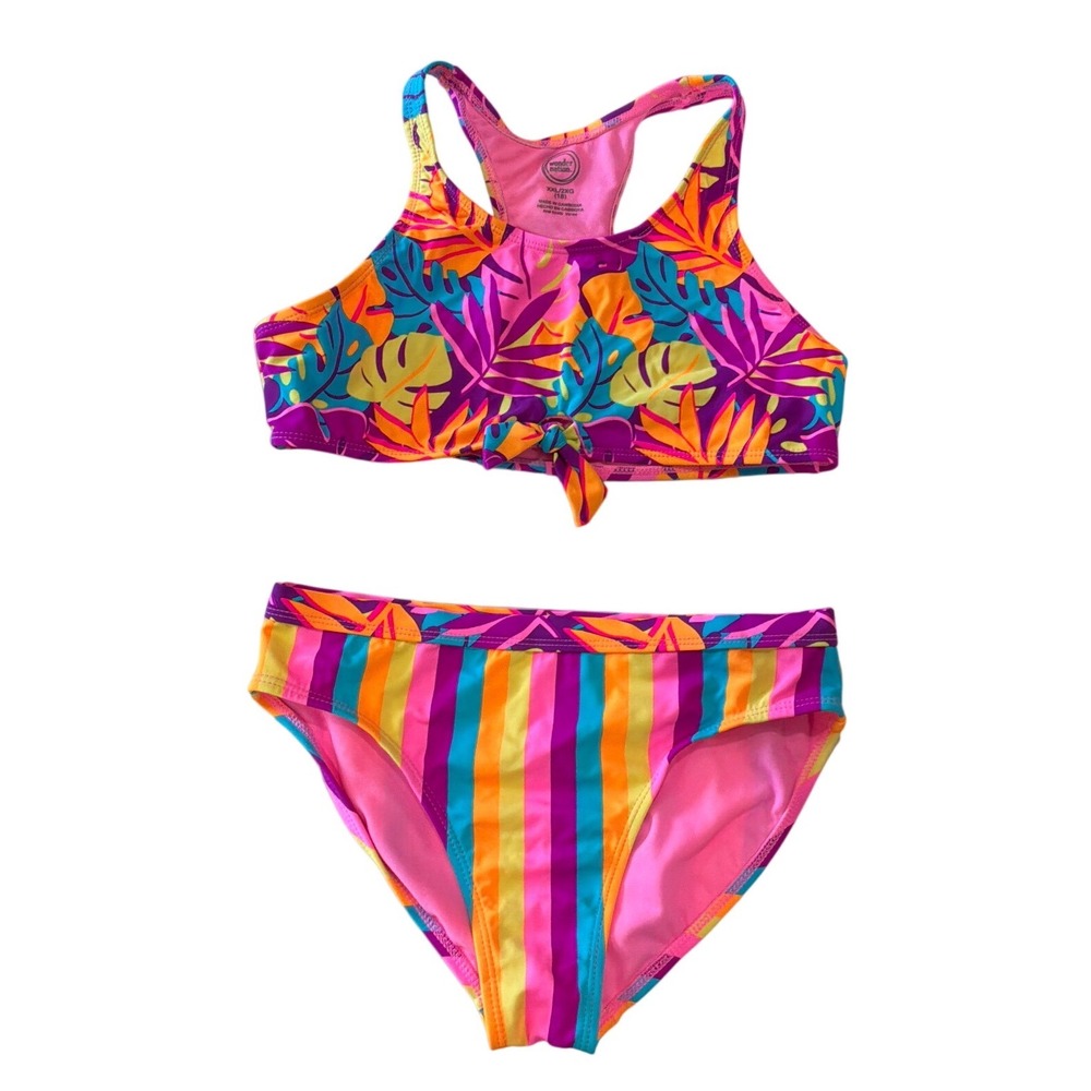 Wonder Nation Girls Tropical Leaf Striped Two Piece Swimsuit Multicolor XXL 18
